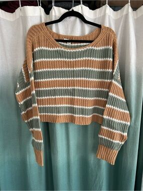 American Eagle Outfitters Camel, Sage & White Striped Off-the-Shoulder Sweater